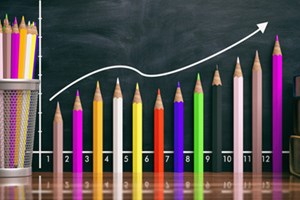 bar graph with upward trend represented by color pencils