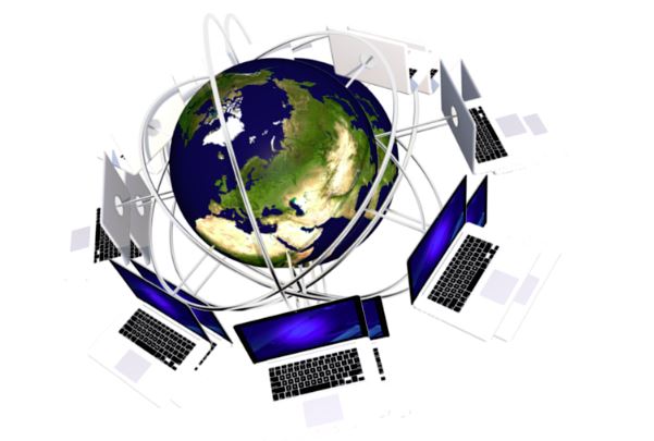 graphic of globe with laptops floating around it