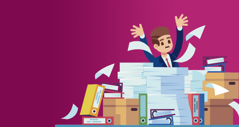 Illustration of a stressed worker at a desk overflowing with papers.